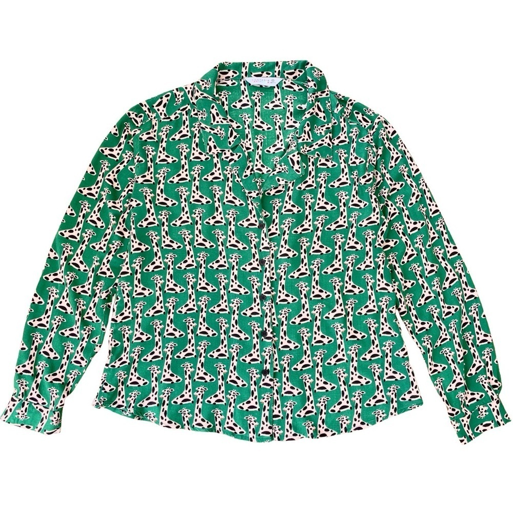 Green Giraffe Print Lapel Collar Shirt, Compania Fantastica, Size Medium